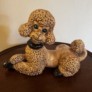 VTG Ceramic Poodle Figure Atlantic Mold Tan Green Eyes MCM Decor Kitschy 7 x 11